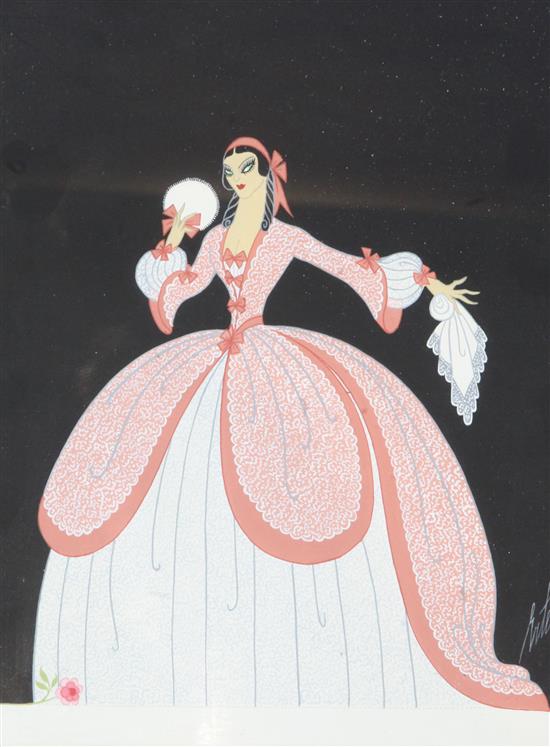 After Erte, a pair of gouache drawings, ladies in exotic gowns, bearing signatures, 13.75 x 10.25in.